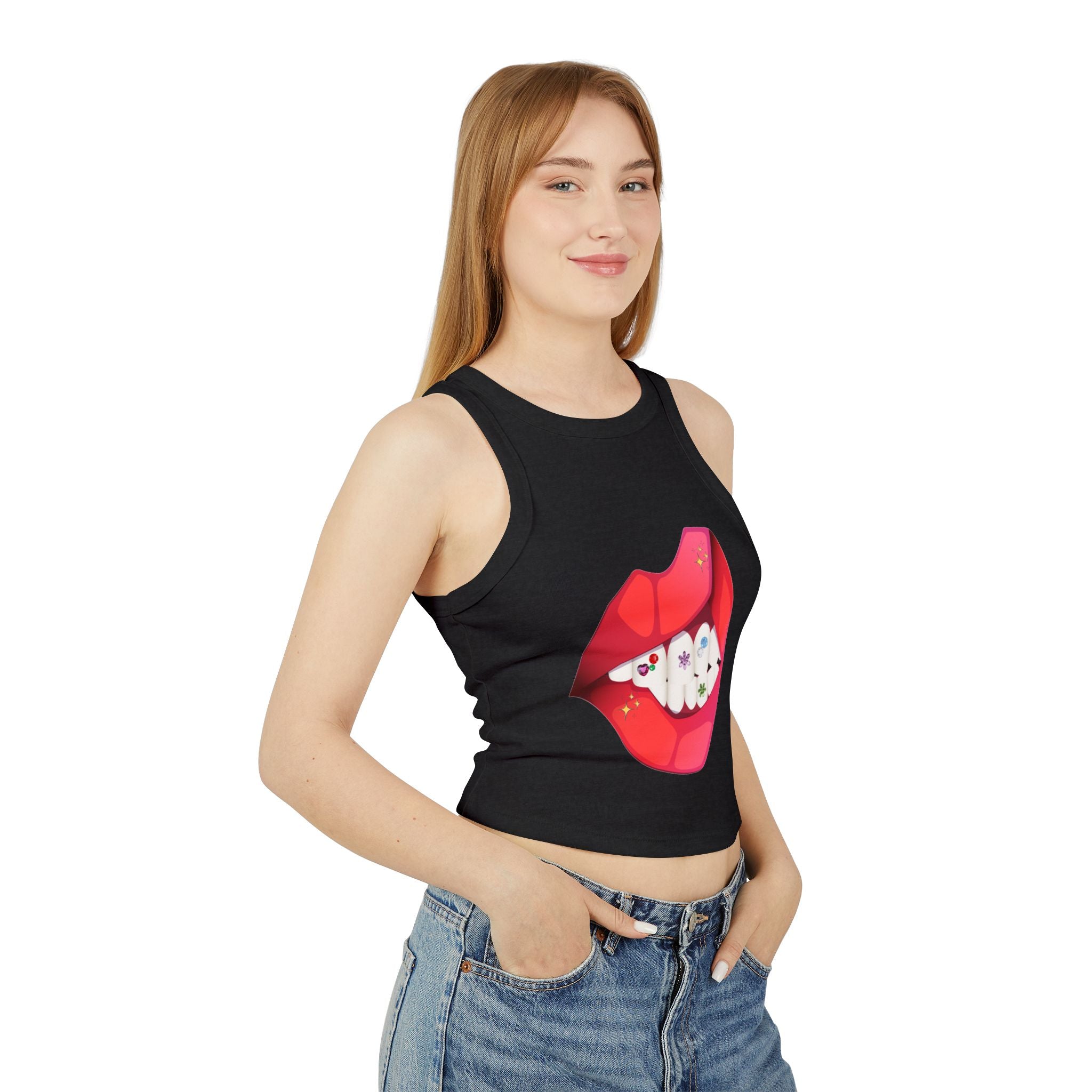 Women's Ribbed Racer Tank Top — Floral Nail Bites Graphic