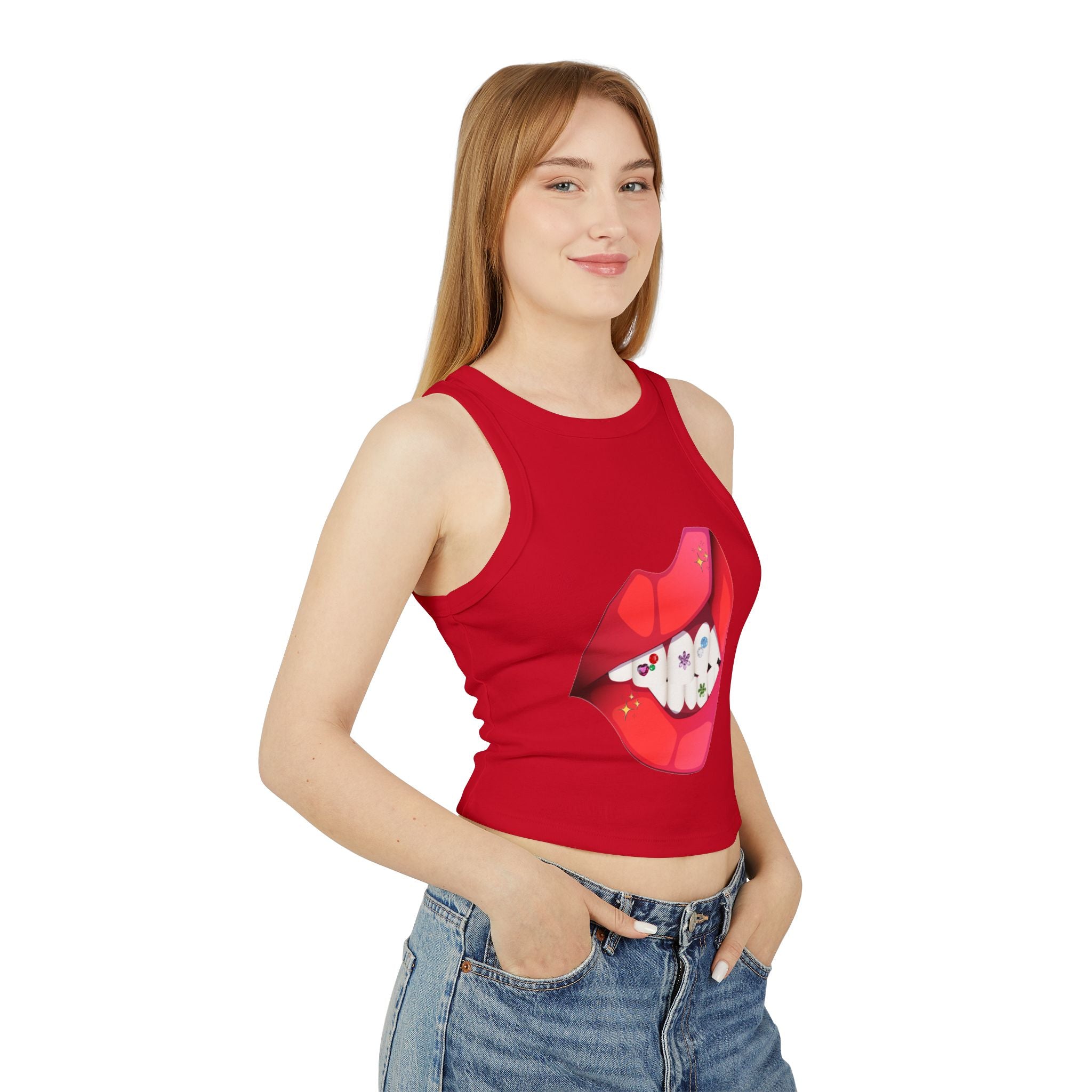 Women's Ribbed Racer Tank Top — Floral Nail Bites Graphic