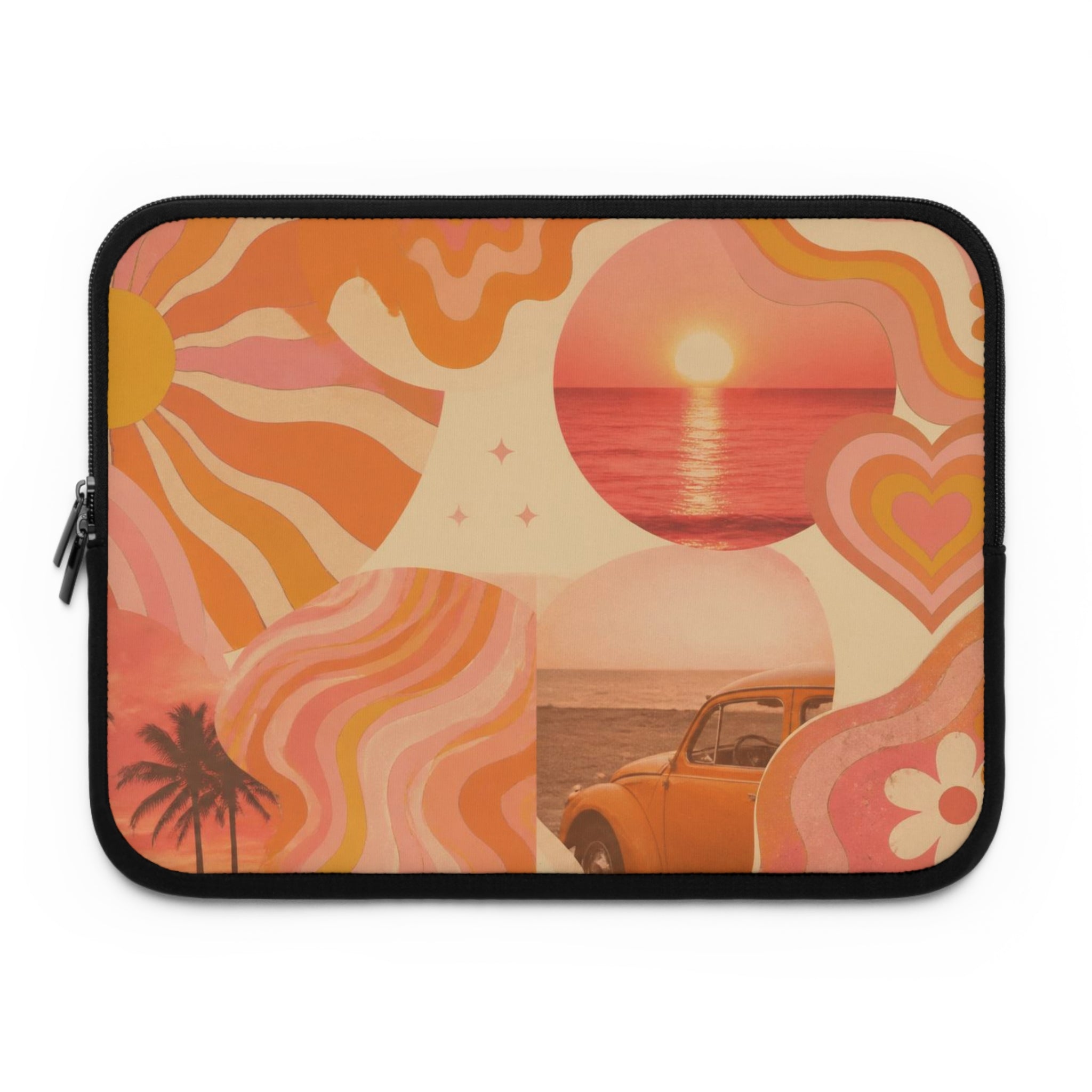 Retro Sunset Waves Laptop Sleeve — 70s Beach Vibes with Surf Beetle Collage