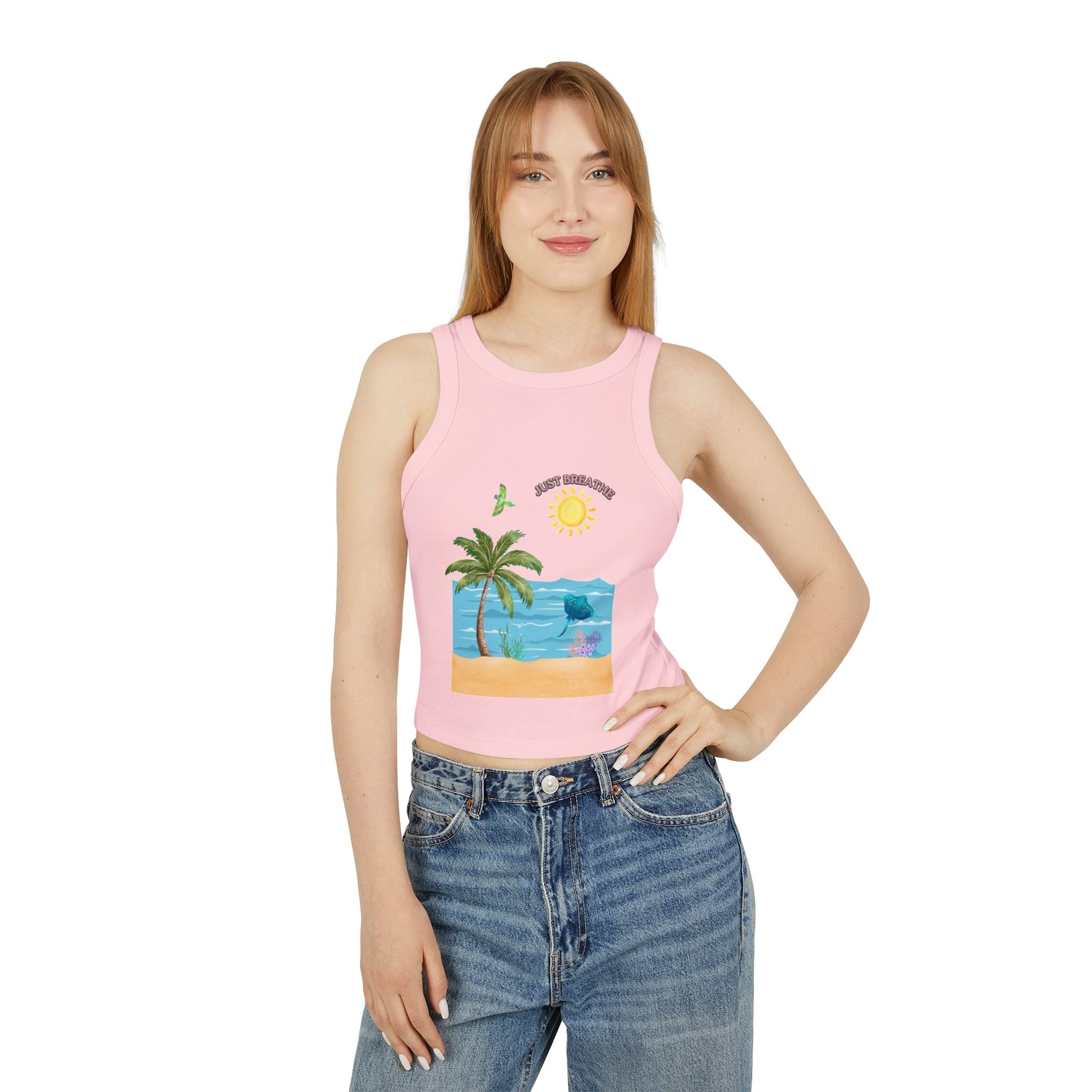 Summer Beach Tank Top — "Good Vibes" Palm Tree & Dolphin Graphic