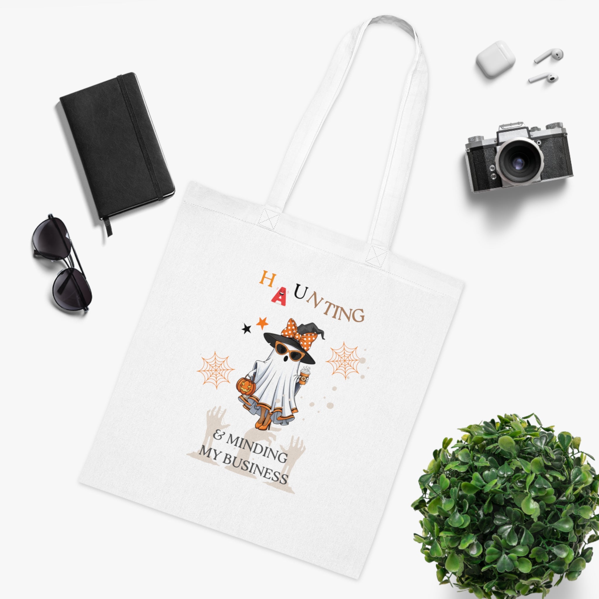Halloween Ghost Dog Tote Bag — "Haunting, Just Minding My Business" Cotton Grocery & Trick-or-Treat Tote