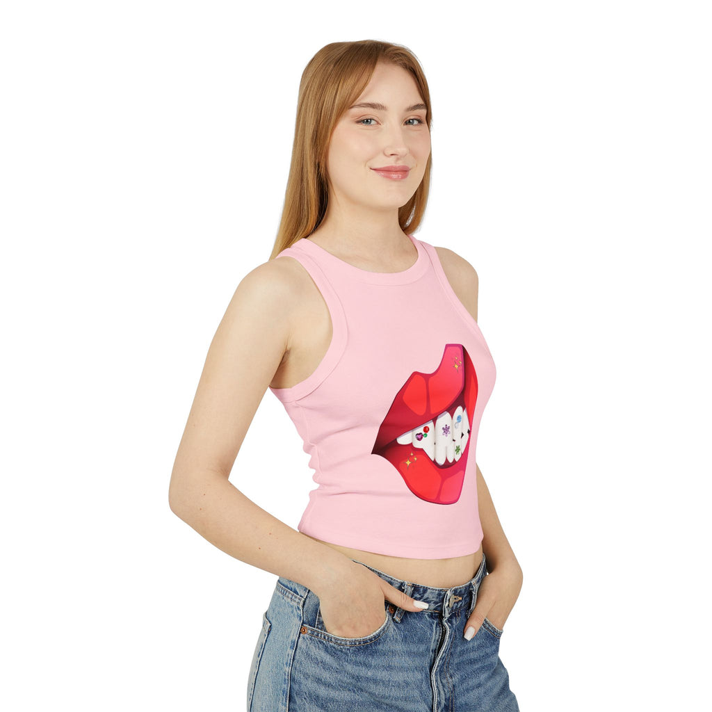 Women's Ribbed Racer Tank Top — Floral Nail Bites Graphic