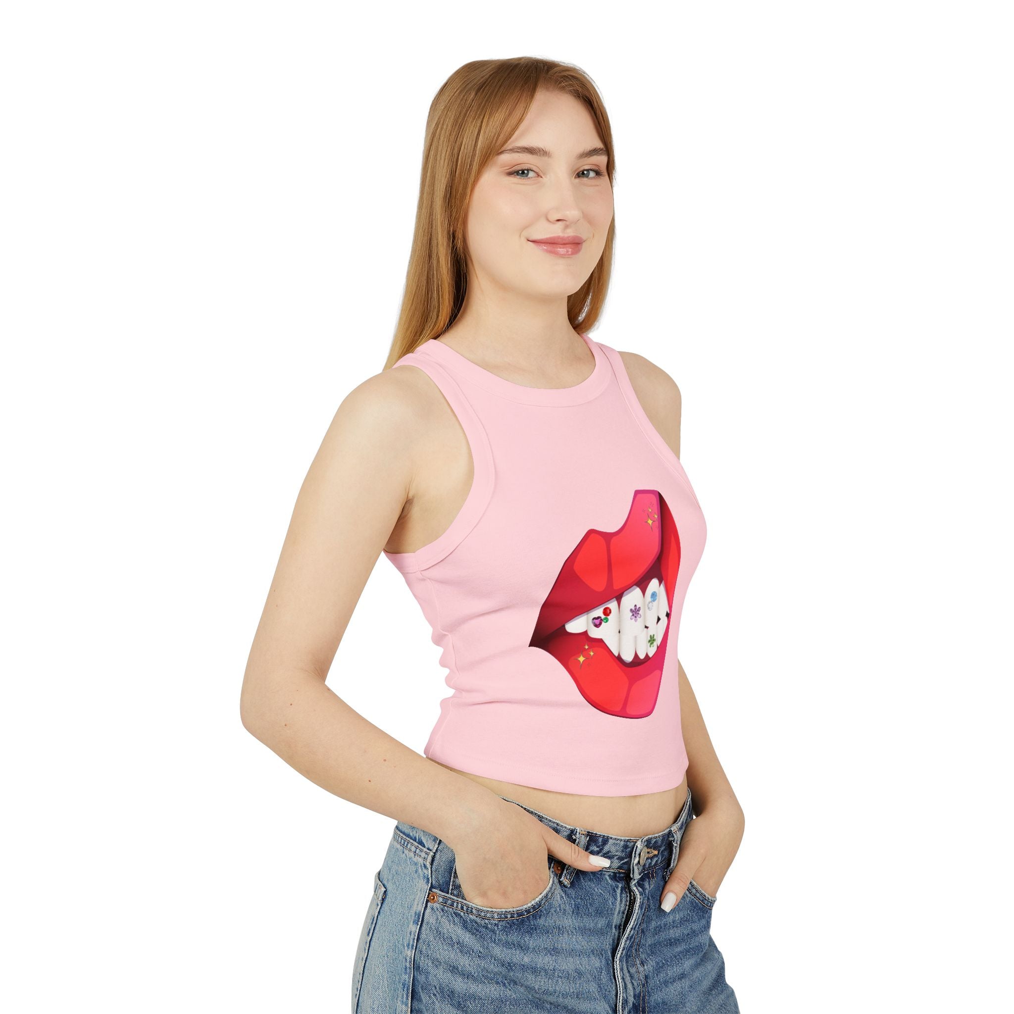 Women's Ribbed Racer Tank Top — Floral Nail Bites Graphic