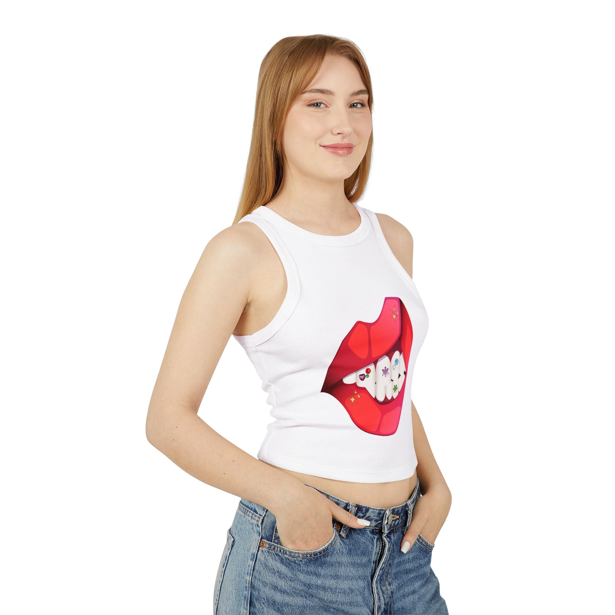 Women's Ribbed Racer Tank Top — Floral Nail Bites Graphic