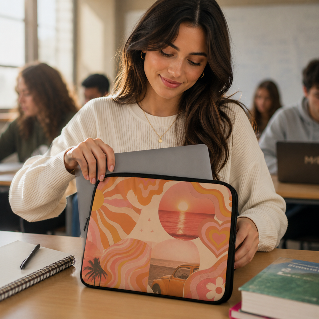 Retro Sunset Waves Laptop Sleeve — 70s Beach Vibes with Surf Beetle Collage