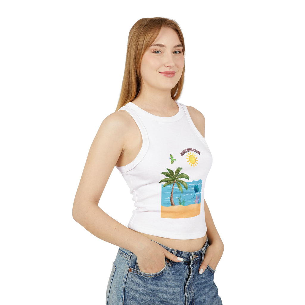 Summer Beach Tank Top — "Good Vibes" Palm Tree & Dolphin Graphic