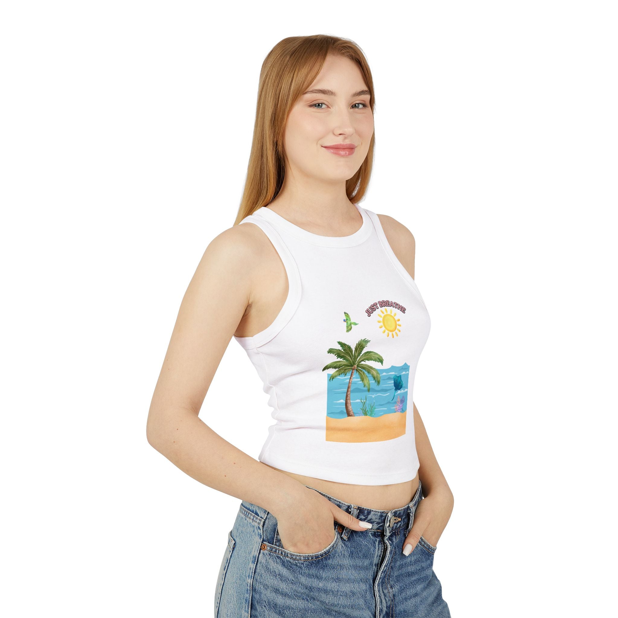 Summer Beach Tank Top — "Good Vibes" Palm Tree & Dolphin Graphic