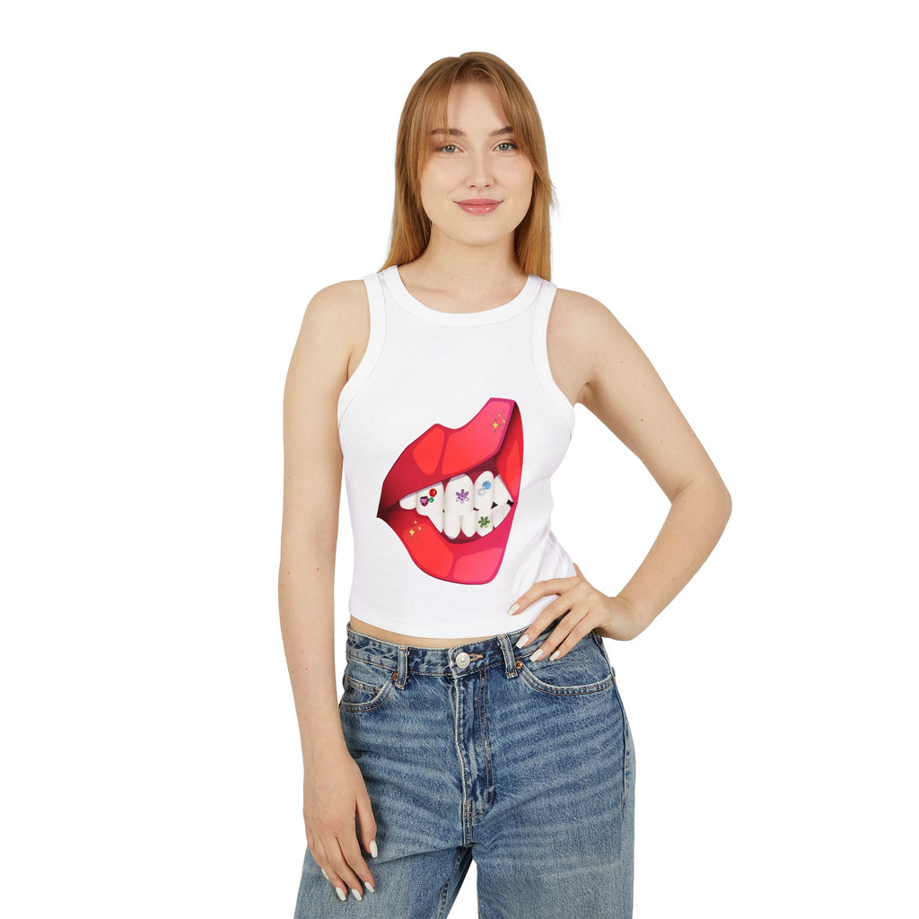 Women's Ribbed Racer Tank Top — Floral Nail Bites Graphic