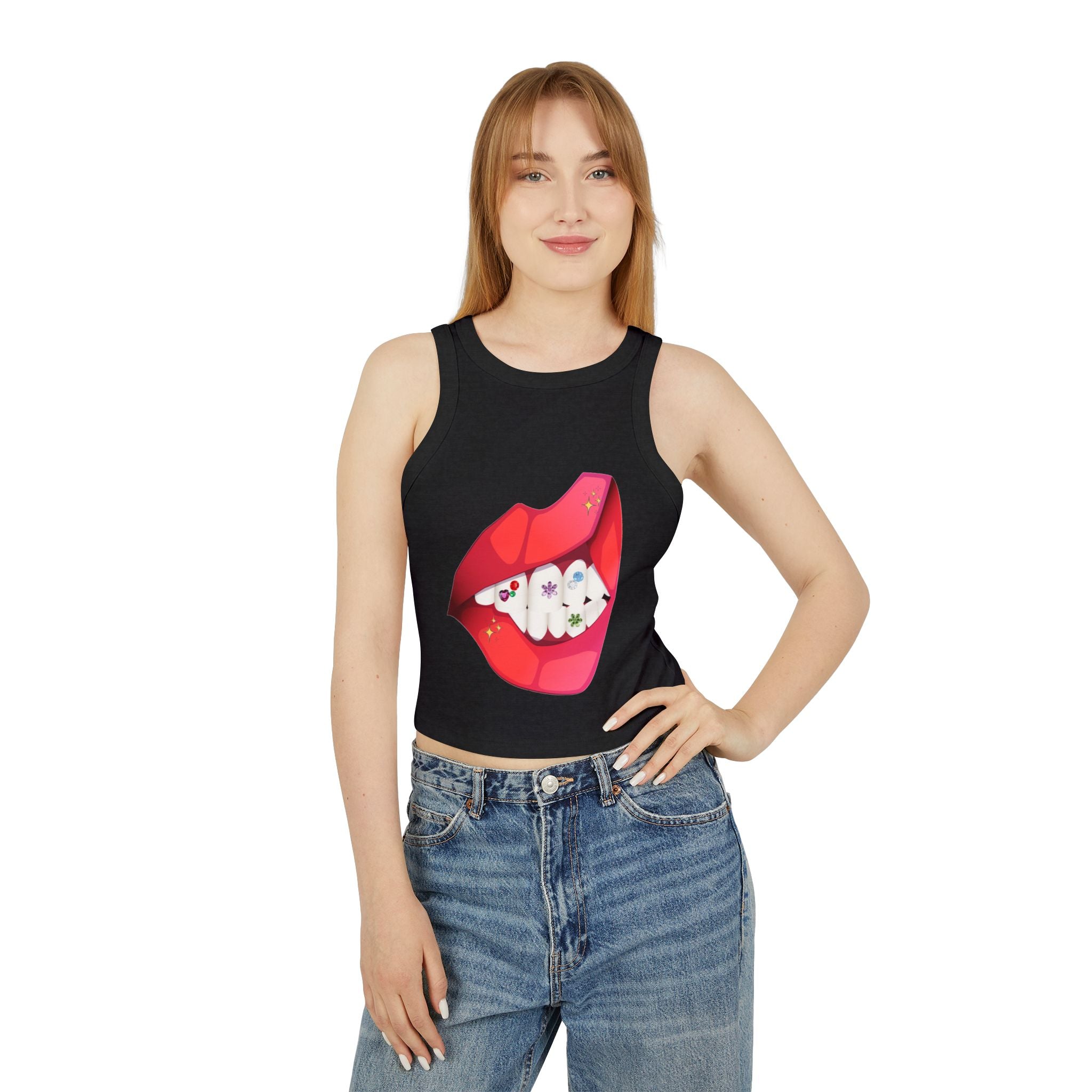 Women's Ribbed Racer Tank Top — Floral Nail Bites Graphic