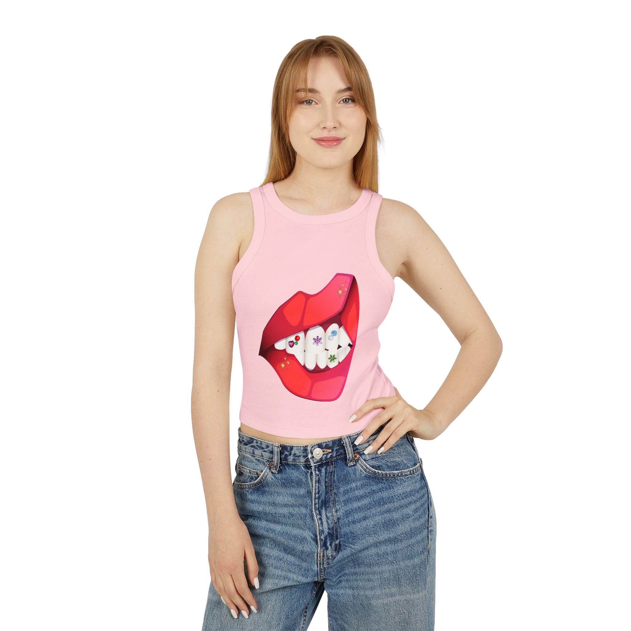 Women's Ribbed Racer Tank Top — Floral Nail Bites Graphic