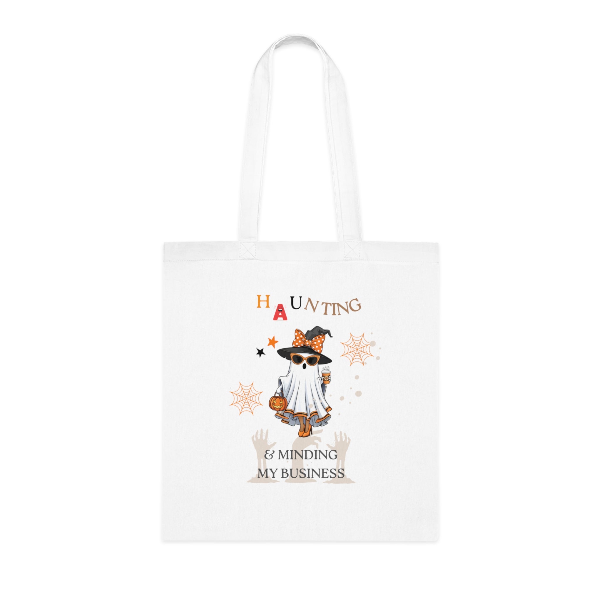 Halloween Ghost Dog Tote Bag — "Haunting, Just Minding My Business" Cotton Grocery & Trick-or-Treat Tote