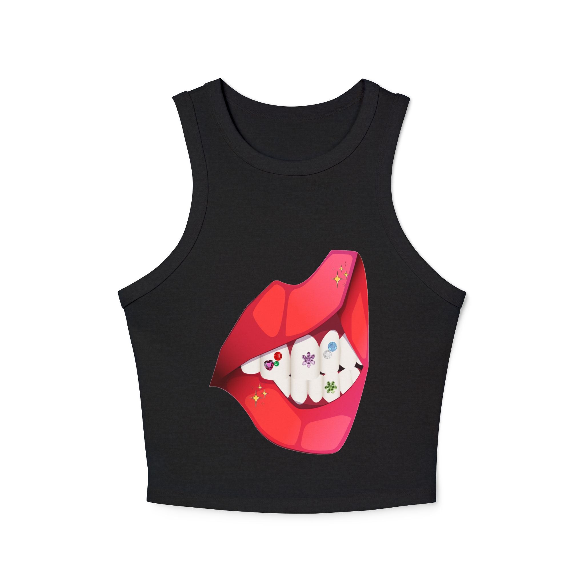 Women's Ribbed Racer Tank Top — Floral Nail Bites Graphic