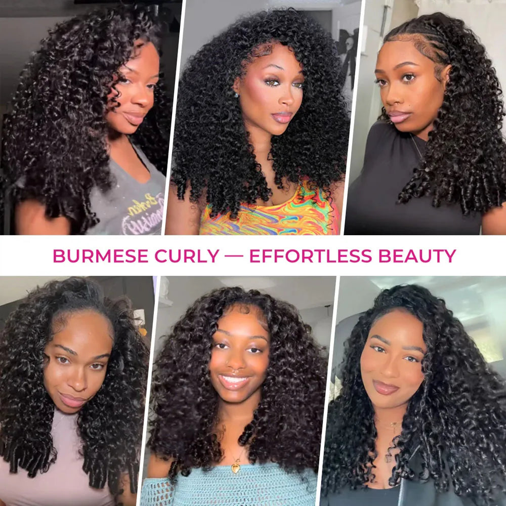 250 Density Burmese Curly Half Wig Glueless Human Hair Ready to Wear 3 IN 1 Half Wig With Drawstring Seamless Clip Ins Flip Over