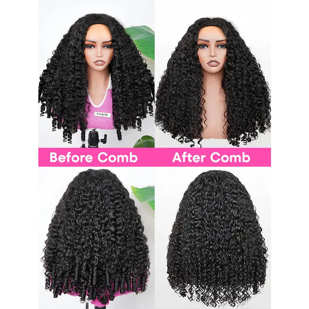 250 Density Burmese Curly Half Wig Glueless Human Hair Ready to Wear 3 IN 1 Half Wig With Drawstring Seamless Clip Ins Flip Over