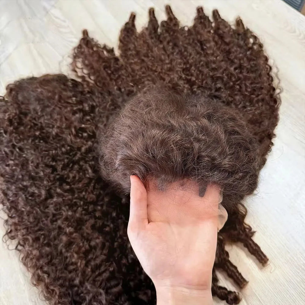Chocolate Brown Burmese Curly Human Hair Wig Glueless Wig Invisible Drawstring 360 HD Full Lace Front Wig Human Hair Lace Wigs
