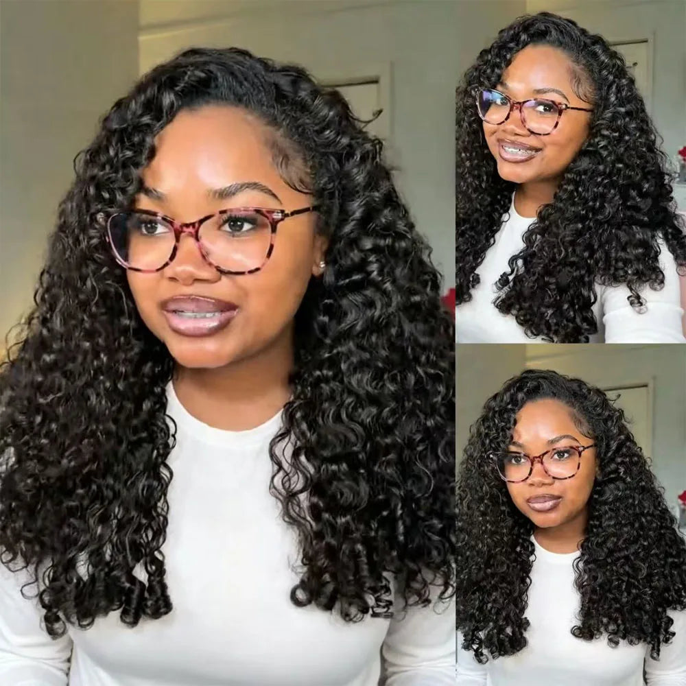 250 Density Burmese Curly Half Wig Glueless Human Hair Ready to Wear 3 IN 1 Half Wig With Drawstring Seamless Clip Ins Flip Over
