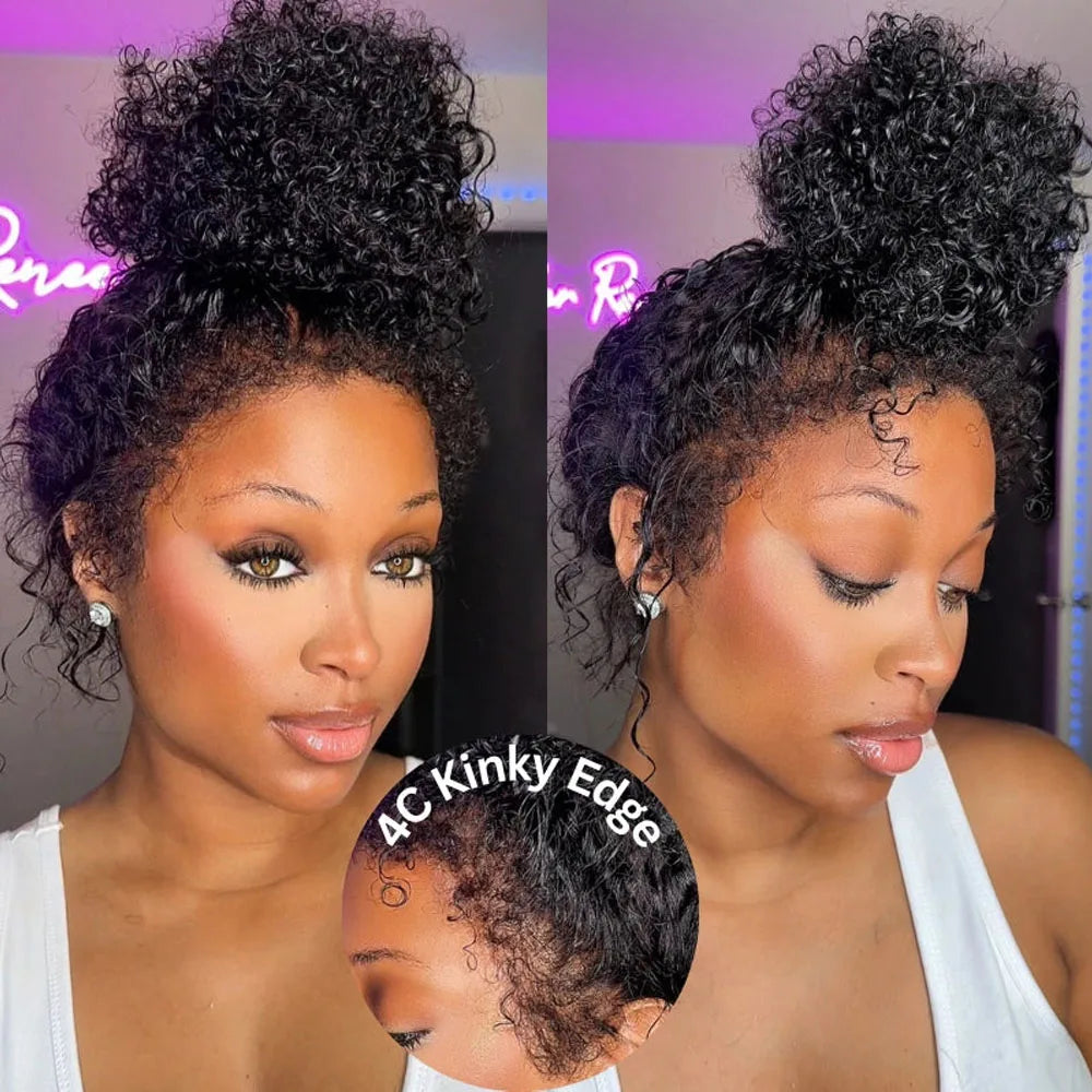 4C Kinky Edges Deep Wave Frontal Wig Invisible Drawstring 360 Full HD Lace Front Wigs Water Wave Glueless Wigs Human Hair