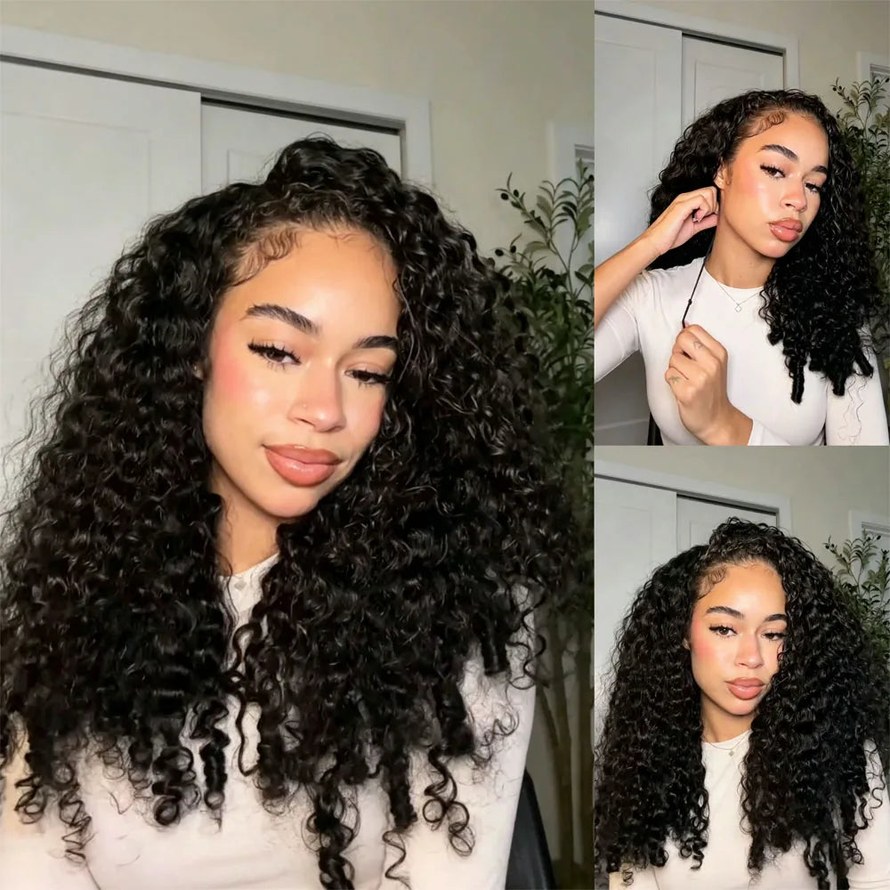 250 Density Burmese Curly Half Wig Glueless Human Hair Ready to Wear 3 IN 1 Half Wig With Drawstring Seamless Clip Ins Flip Over