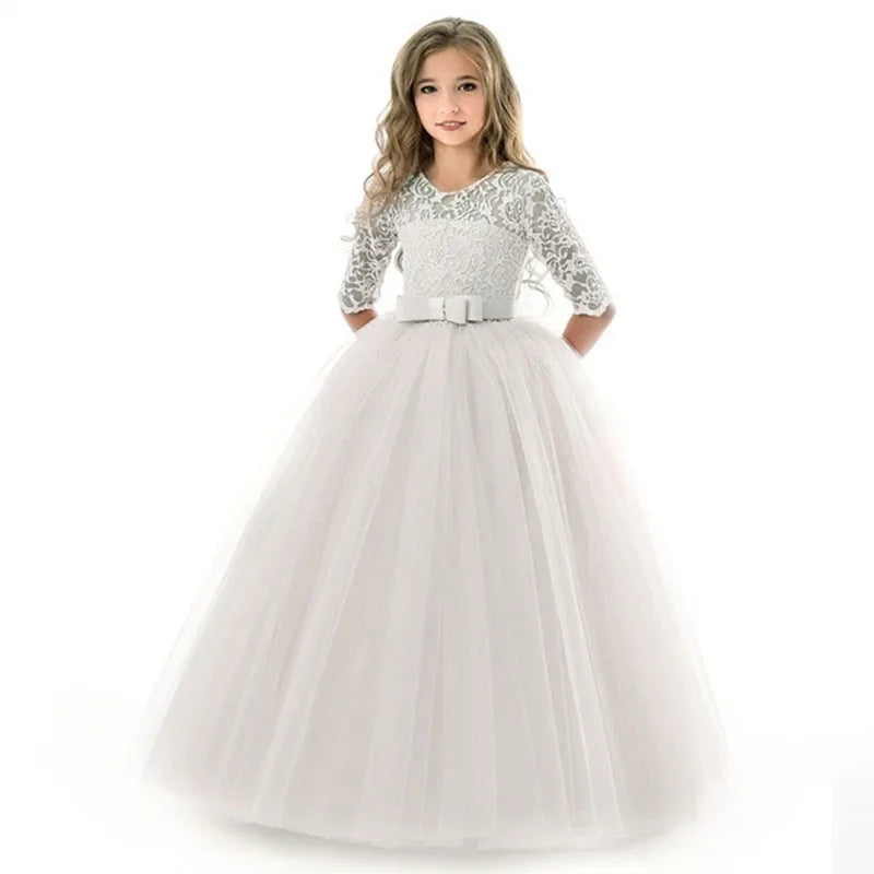 Teen Lace White Bridesmaid Dresses For Girls Wedding Formal Evening Gown Elegant Kids Girl Birthday Party Dress Children Costume