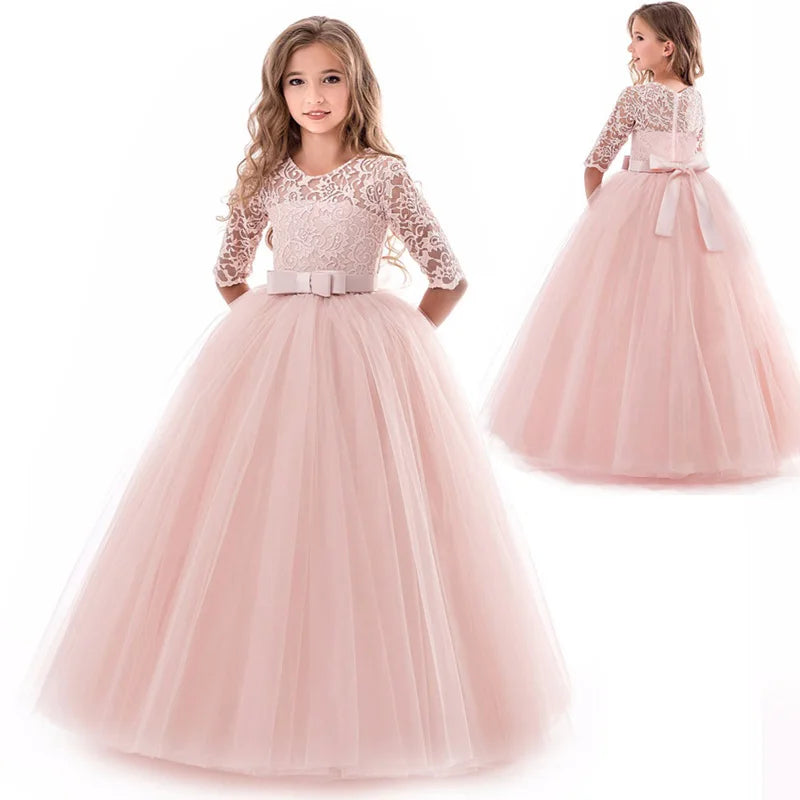 Teen Lace White Bridesmaid Dresses For Girls Wedding Formal Evening Gown Elegant Kids Girl Birthday Party Dress Children Costume