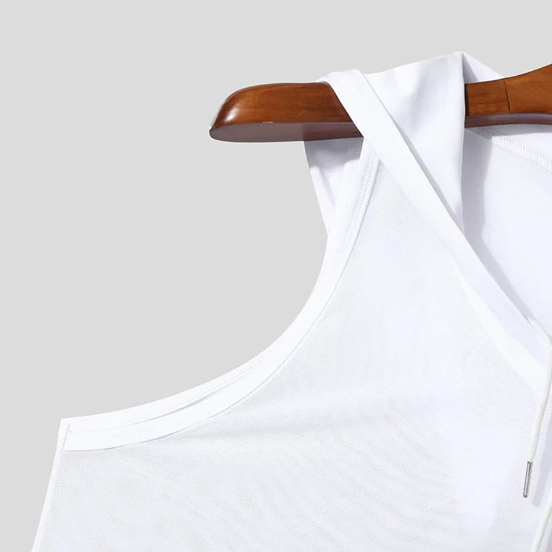 Men's Hooded Mesh Vest – Sheer Drawstring Tank for Gym & Everyday Wear