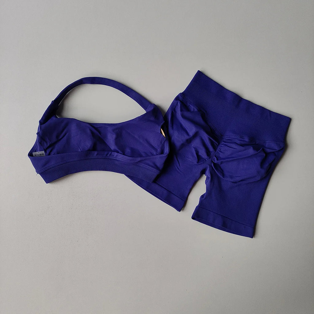 2 Pieces Women's Yoga Suit Seamless Fitness Gym Clothes Halter Sports Bra with Matching Shorts Workout Set Gym Outfit