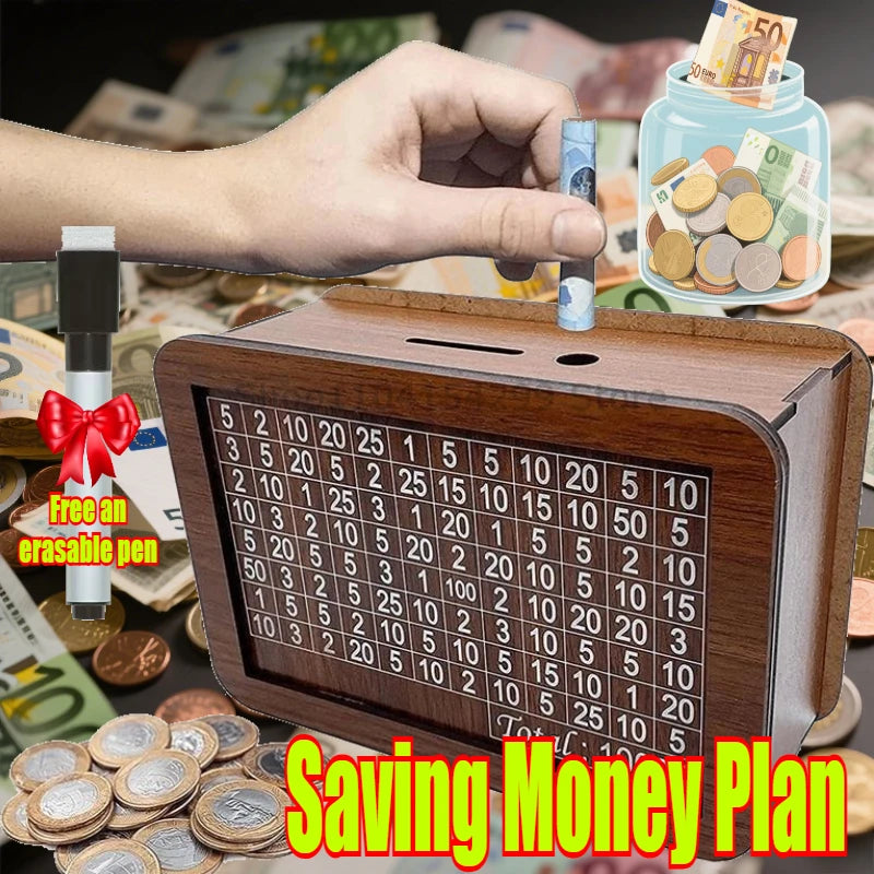 Wooden Savings Challenge Box – 1K to 10K Money Vault