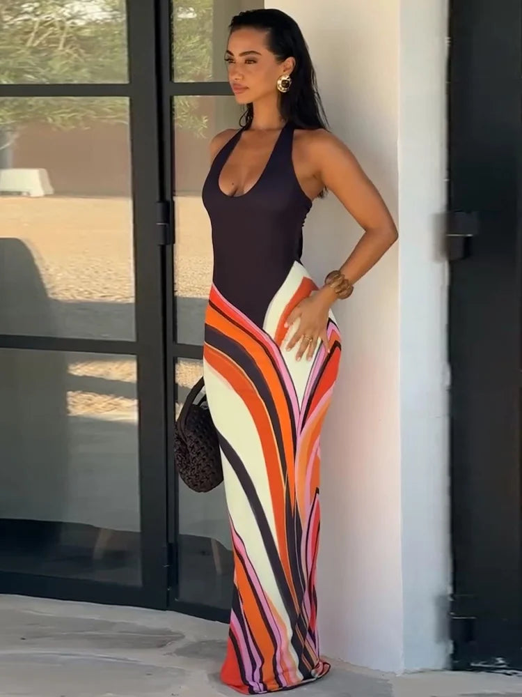 Sexy Print Women's Long Dress Party Deep V-neck Sleeveless Backless Hip Package Female Dresses 2026 Summer Holidays Lady Robe