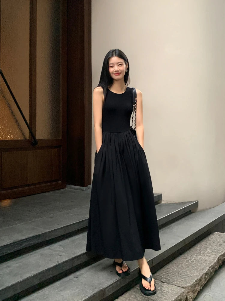 Vintage Black Midi Dress – O-Neck Office Lady with Pockets