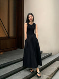 Vintage Black Midi Dress – O-Neck Office Lady with Pockets