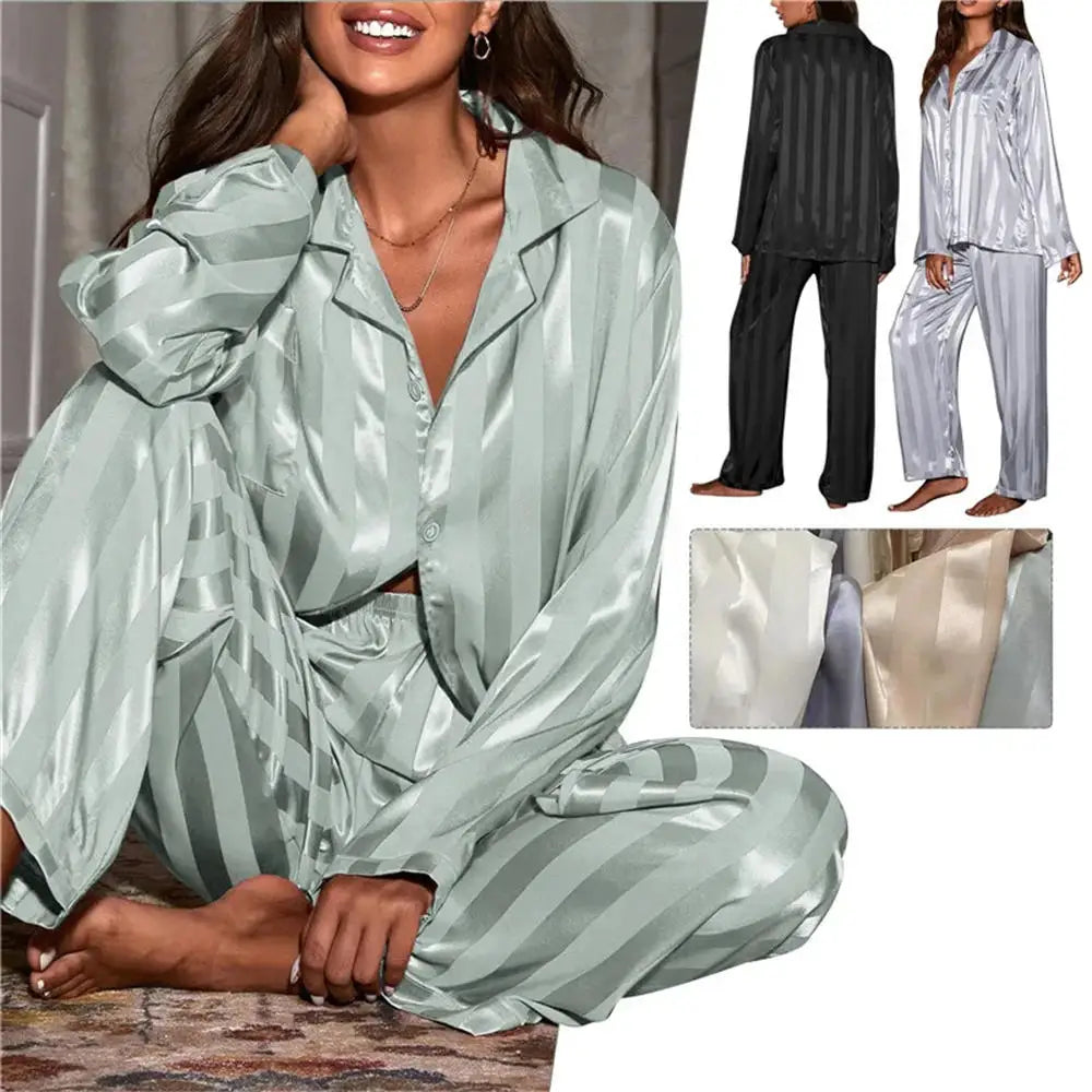 Women's Striped Silk Satin Pajama Set – Long Sleeve & Trousers