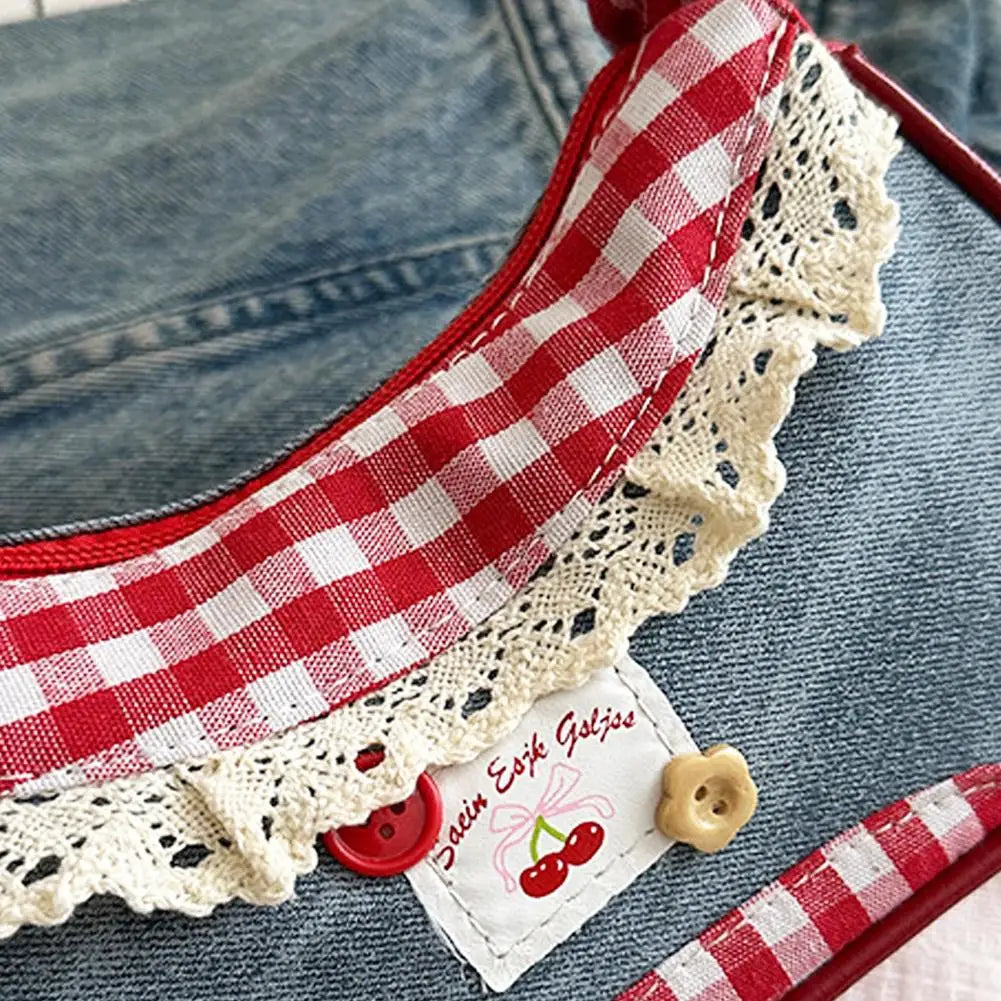 Grid Fabric Shoulder & Underarm Bag – Lace Ribbon Strap