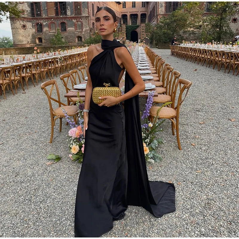 Ribbon Halter Off-Shoulder Backless Slim Maxi Dress