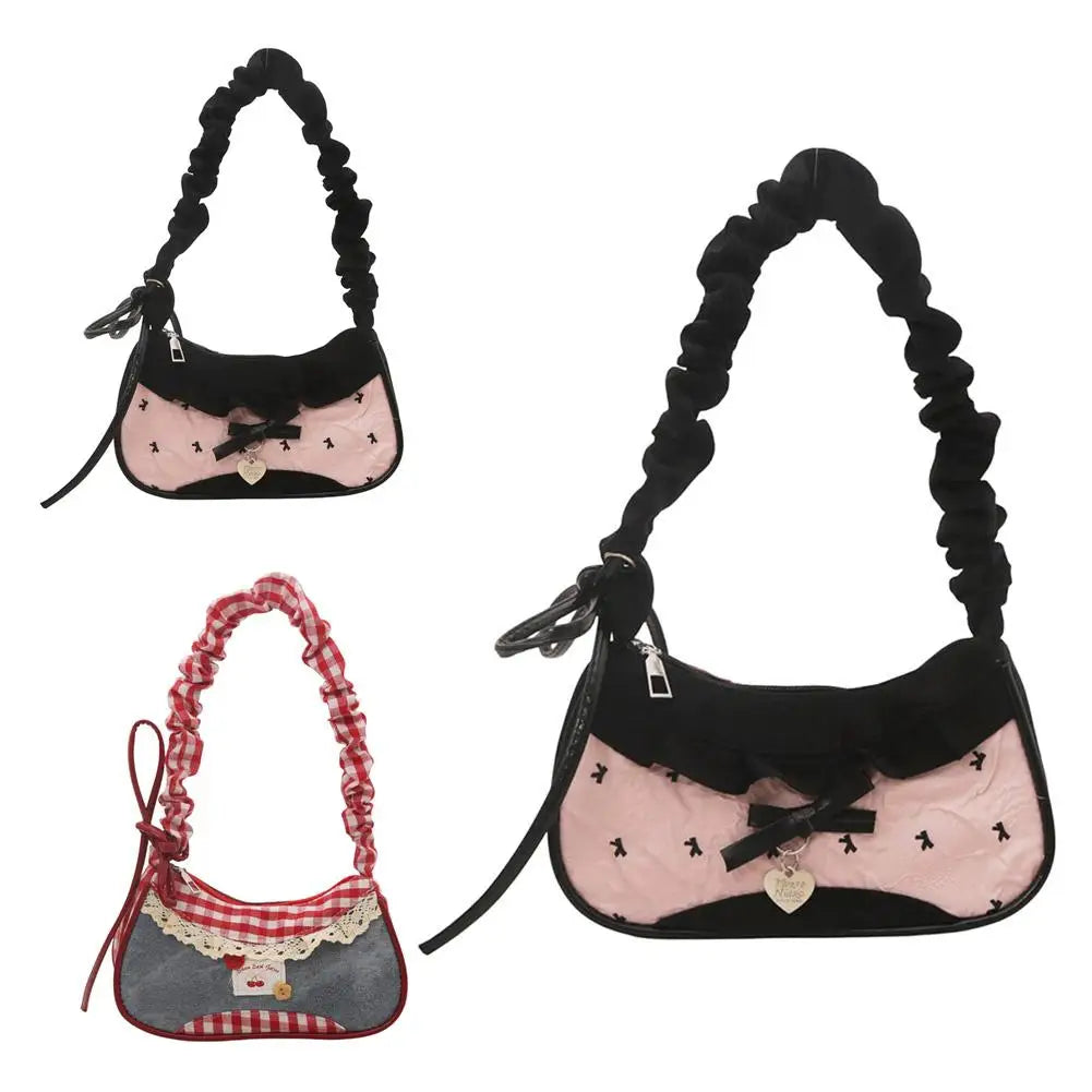 Grid Fabric Shoulder & Underarm Bag – Lace Ribbon Strap