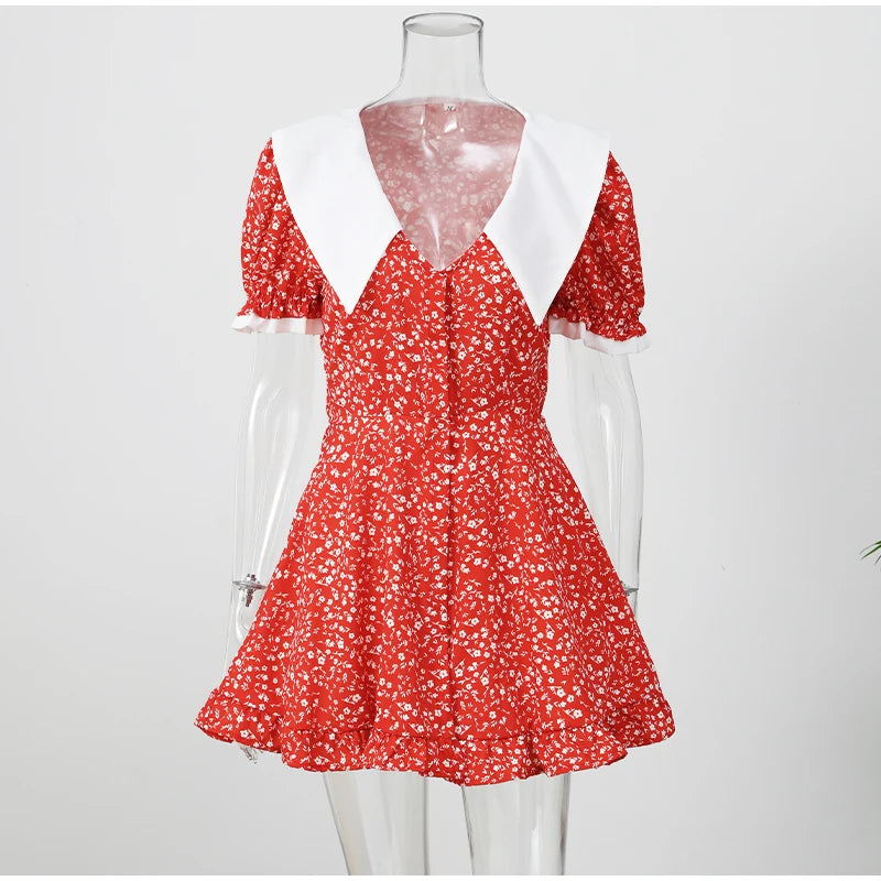 Elegant Floral Print Women Mini Dress With Waistband Chic Turndown Collar Puff Sleeve A-line Dresses Lady Summer Daily Vestidos