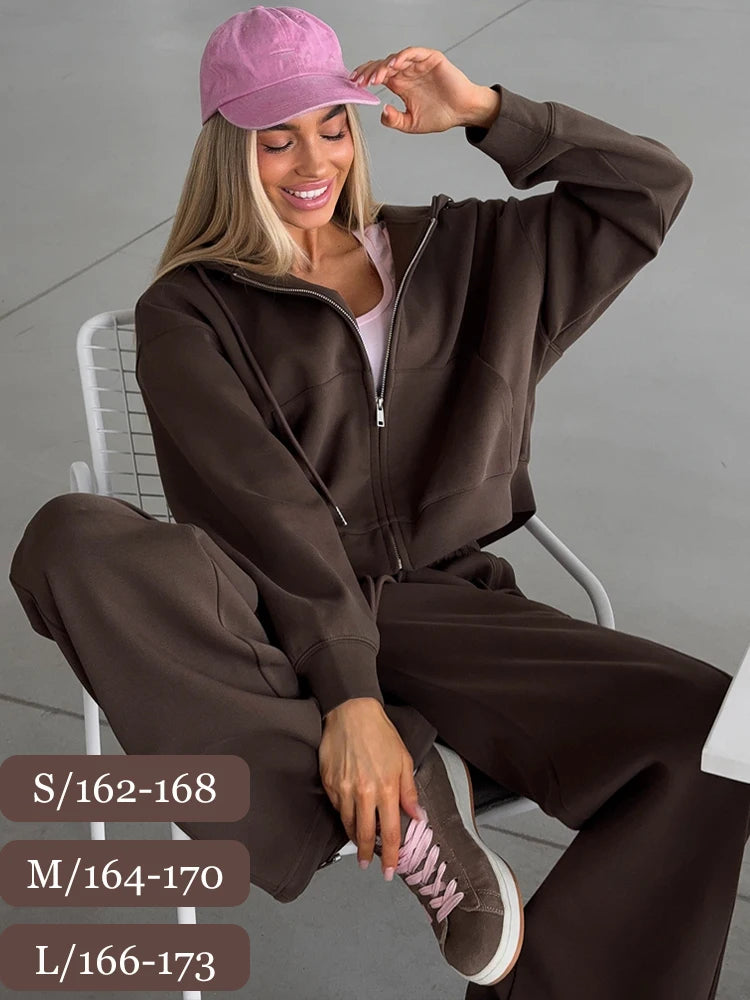 Women's Hooded Zip Tracksuit & Wide-Leg Trouser Set