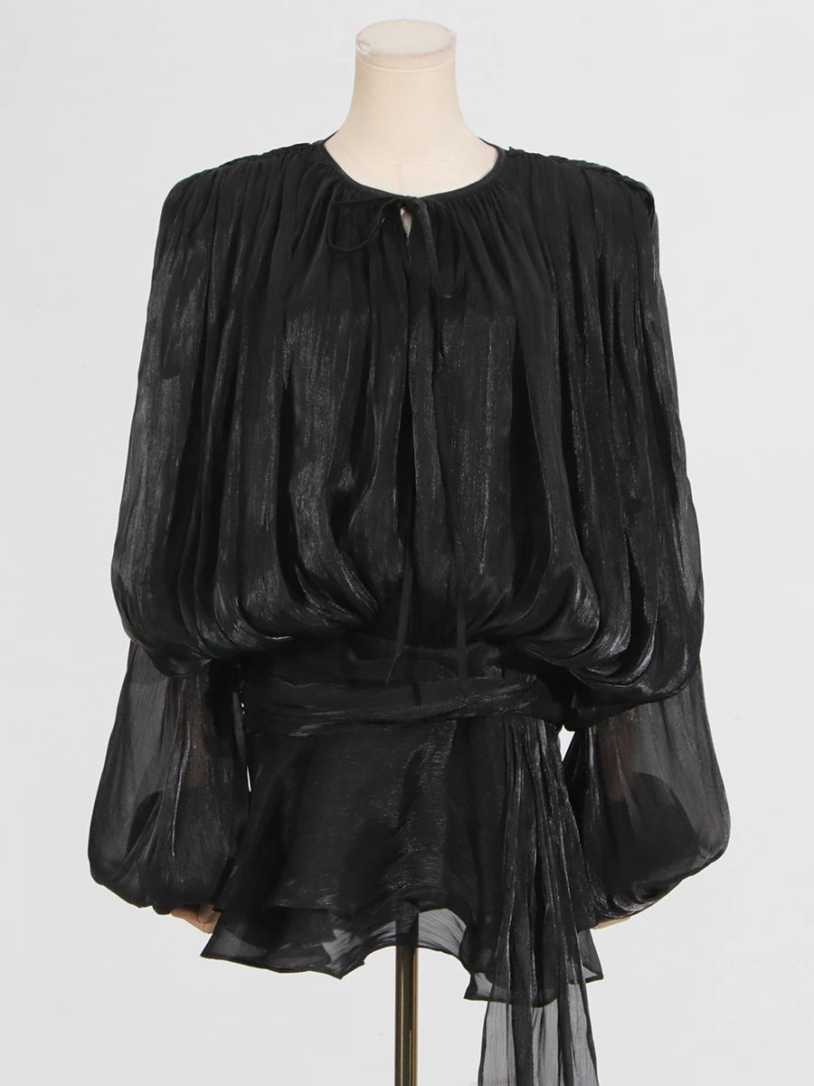 Loose Lace-Up V-Neck Ruffle Tunic Dress – Long Sleeve