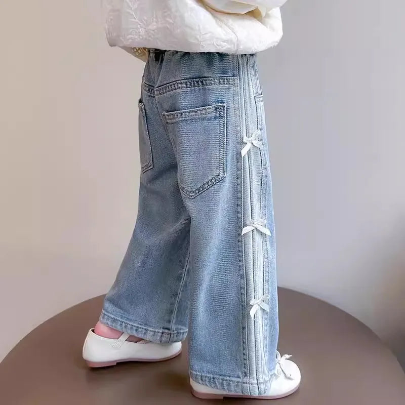 Baby Girls Spring Jeans Kids Summer Bow Denim Pants Children's Straight Wide-leg Trousers Toddler Autumn Loose Clothing 2-8Y
