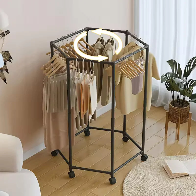 Movable Rotating Clothes Storage Rack Multifunctional Hexagon Organizer Shelf Metal Clothes Drying Rack Coat Hanger With Pulleys