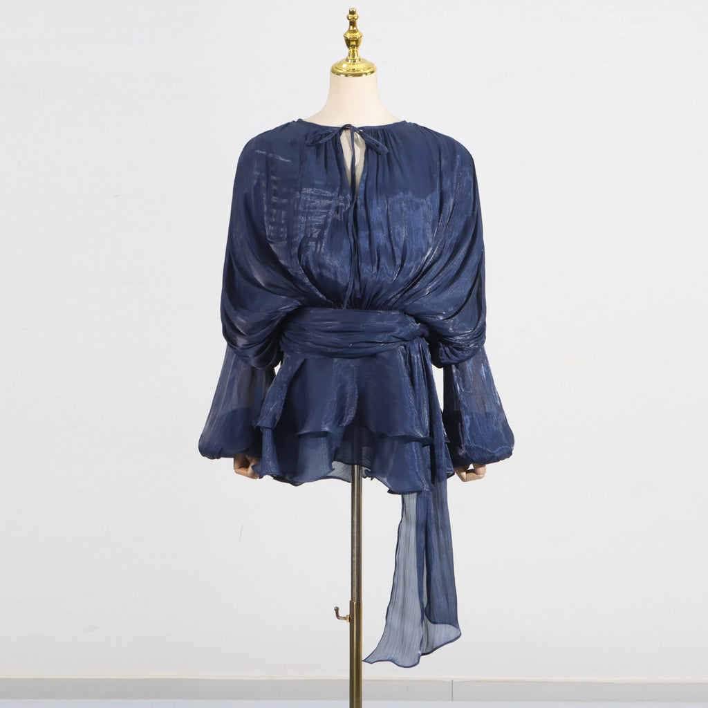 Loose Lace-Up V-Neck Ruffle Tunic Dress – Long Sleeve