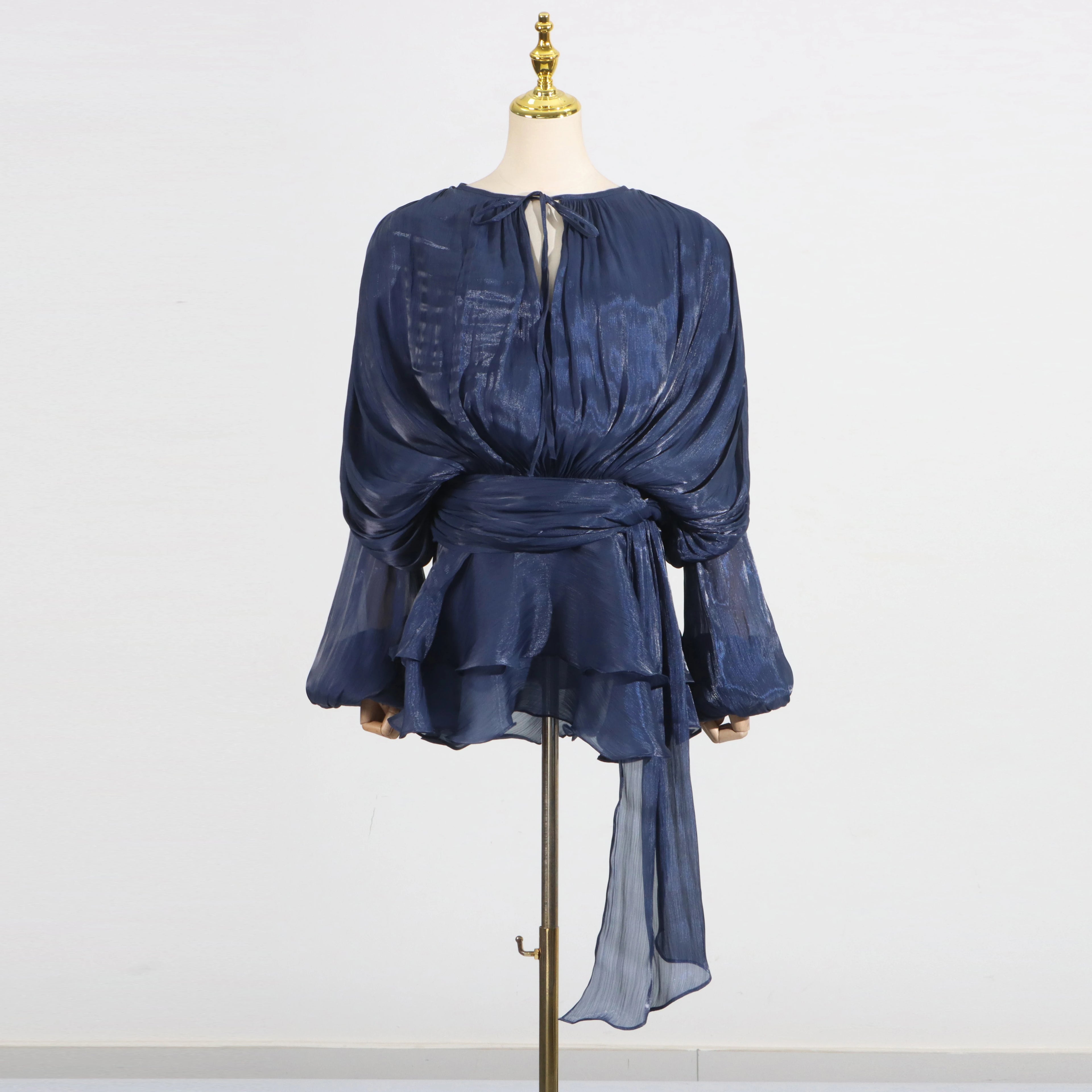Loose Lace-Up V-Neck Ruffle Tunic Dress – Long Sleeve