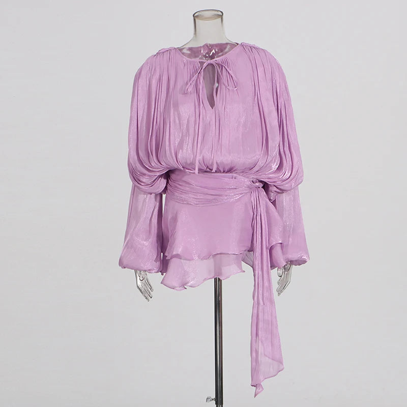 Loose Lace-Up V-Neck Ruffle Tunic Dress – Long Sleeve