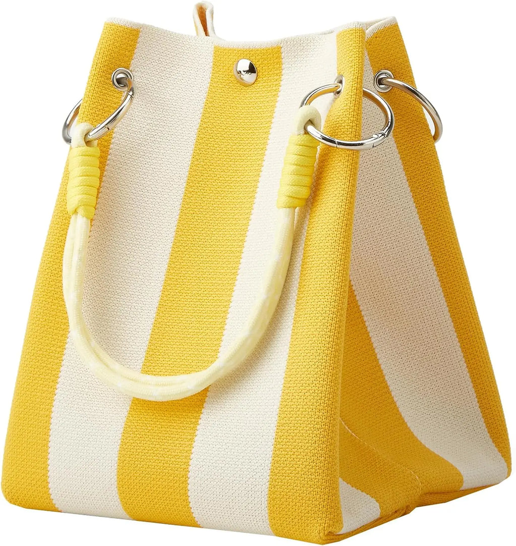 Korean Style Mini Knit Tote Bag Women Striped Crochet Bucket Handbag Lightweight Summer Daily Shoulder Purse For Vacation
