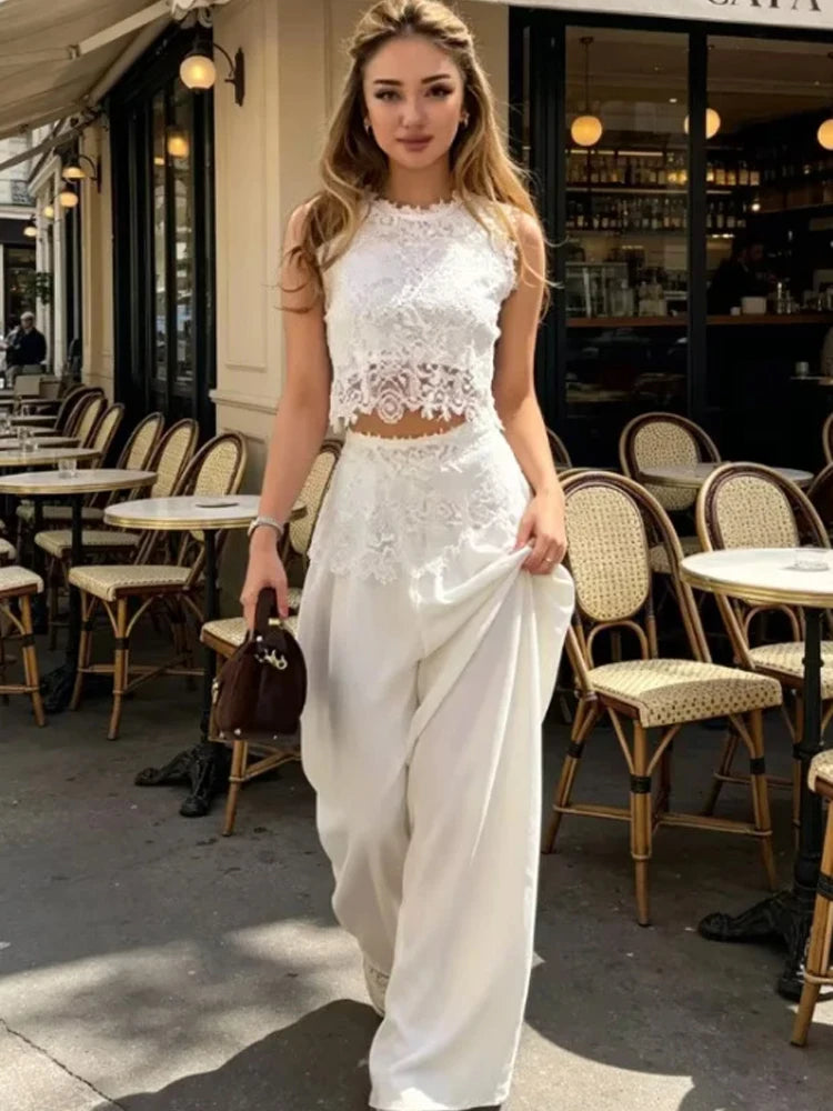 White Lace Embroidery Pant Suit Women Stand Neck Sleeveless Hollow-out Waist Cinching See Through Set Lady Summer Sheer Outfit