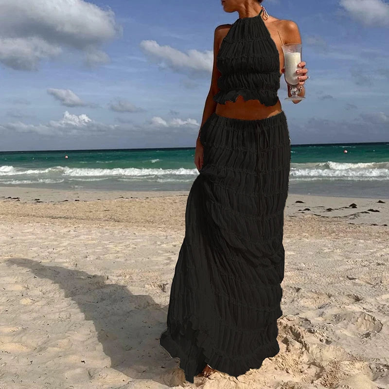 Boho Ruched Halter Cami & Maxi Skirt Set – Backless