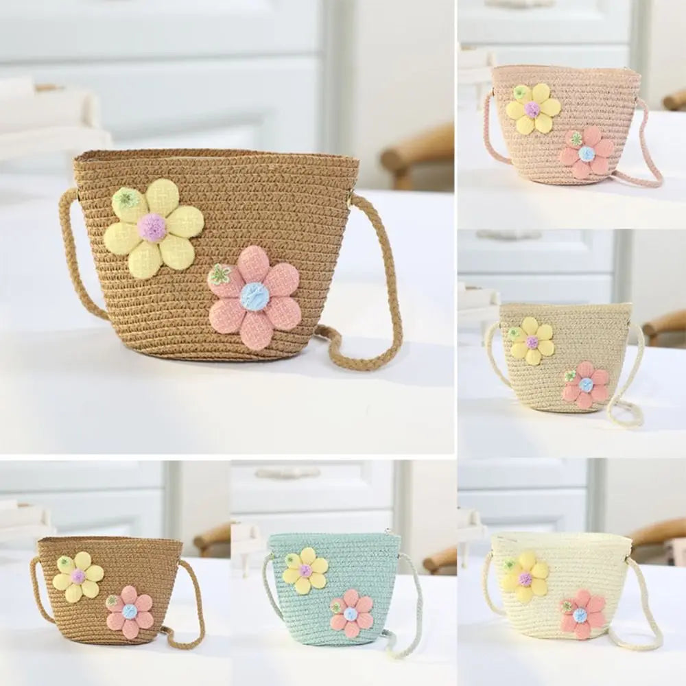 Handmade Woven Girl Flower Straw Bag Coin Purse Zipper Kid Messenger Bags Photo Props Storage Basket Crossbody Handbag