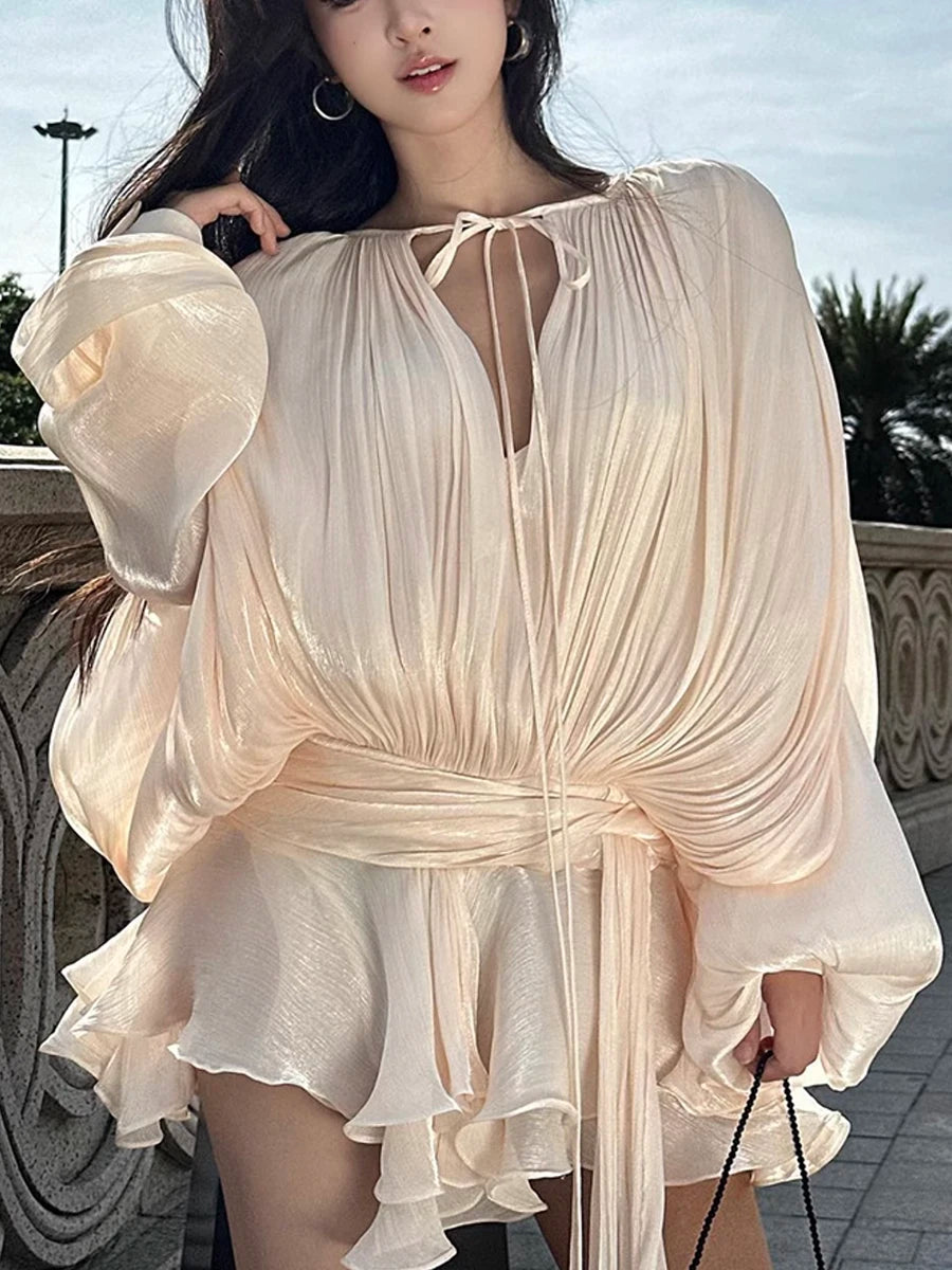 Loose Lace-Up V-Neck Ruffle Tunic Dress – Long Sleeve
