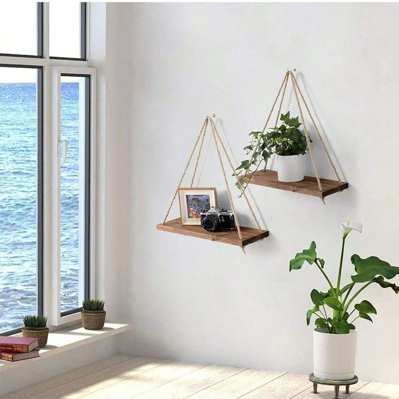 Wooden Hemp Rope Hanging Wall Shelf – Boho Home Decor