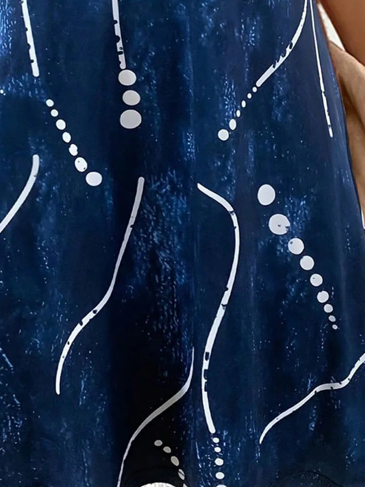 NOIR BELLE Blue Abstract V-Neck A-Line Summer Dress