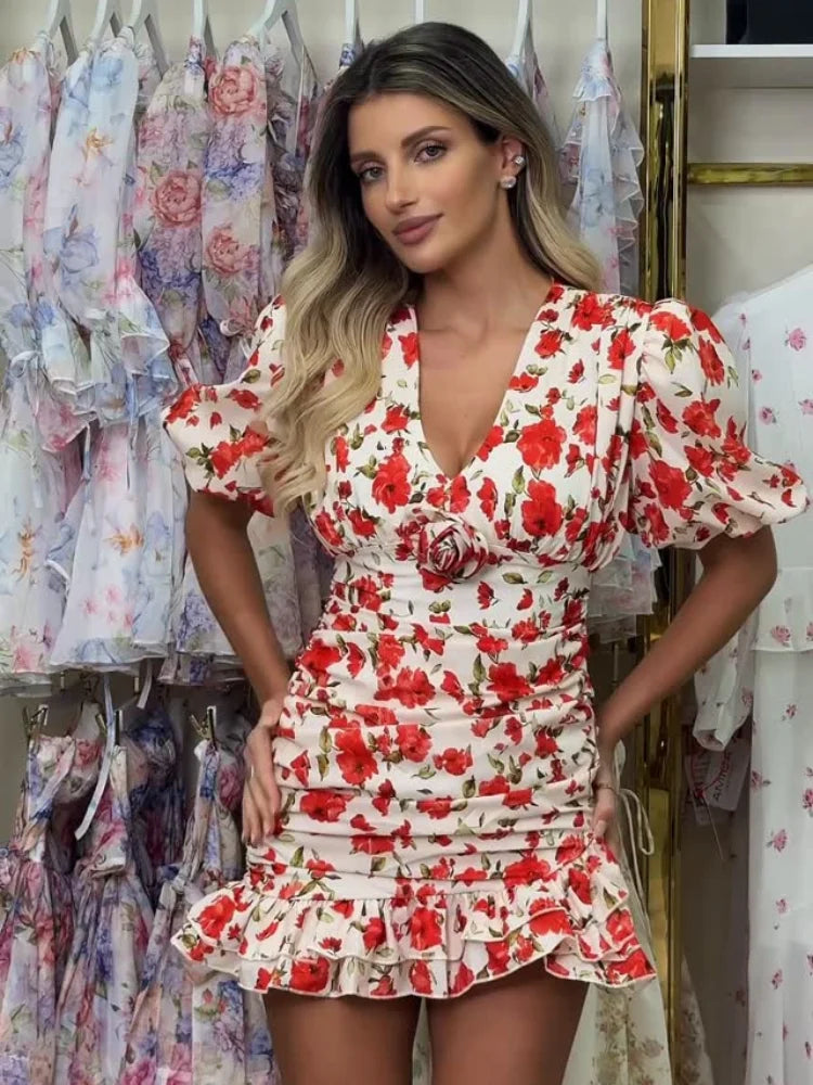 Elegant Floral Print Women Mini Dress With Waistband Chic Turndown Collar Puff Sleeve A-line Dresses Lady Summer Daily Vestidos